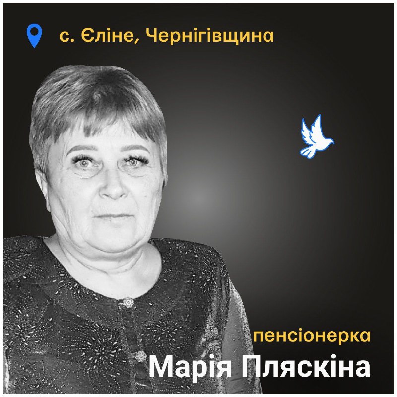 9:00 Хвилина мовчання

61-річна Марія Пляскіна загинула 1 лютого 2023 року в селі Єліне на Чернігівщині