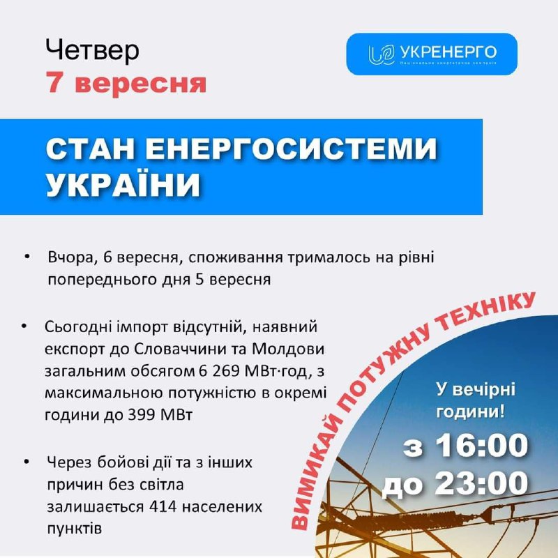 Стан енергосистеми України:

🔹вчора, 6 вересня, споживання трималось на рівні попереднього дня 5 вересня