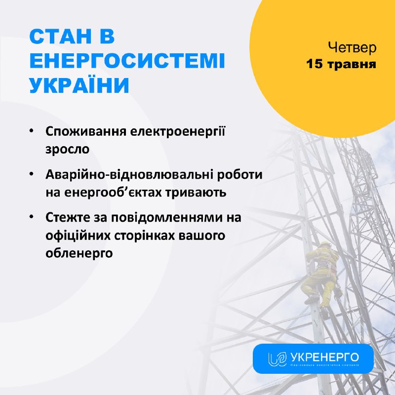 СТАН ЕНЕРГОСИСТЕМИ
🔹 Споживання електроенергії зросло
🔹 Аварійно-відновлювальні роботи на енергооб’єктах тривають СТАН ЕНЕРГОСИСТЕМИ
🔹 Споживання електроенергії зросло
🔹 Аварійно-відновлювальні роботи на енергооб’єктах тривають