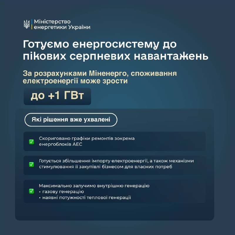 Готуємо енергосистему України до максимальних серпневих навантажень. Уже наступного тижня синоптики прогнозують аномальну спеку Готуємо енергосистему України до максимальних серпневих навантажень. Уже наступного тижня синоптики прогнозують аномальну спеку