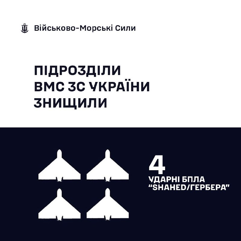 🇺🇦⚓ВМС ЗС України знищили 4 «Шахеди/Гербери»
За минулу добу, станом на 06:00 13.08.2026, силами та засобами Військово-Морських... 🇺🇦⚓ВМС ЗС України знищили 4 «Шахеди/Гербери»
За минулу добу, станом на 06:00 13.08.2026, силами та засобами Військово-Морських...