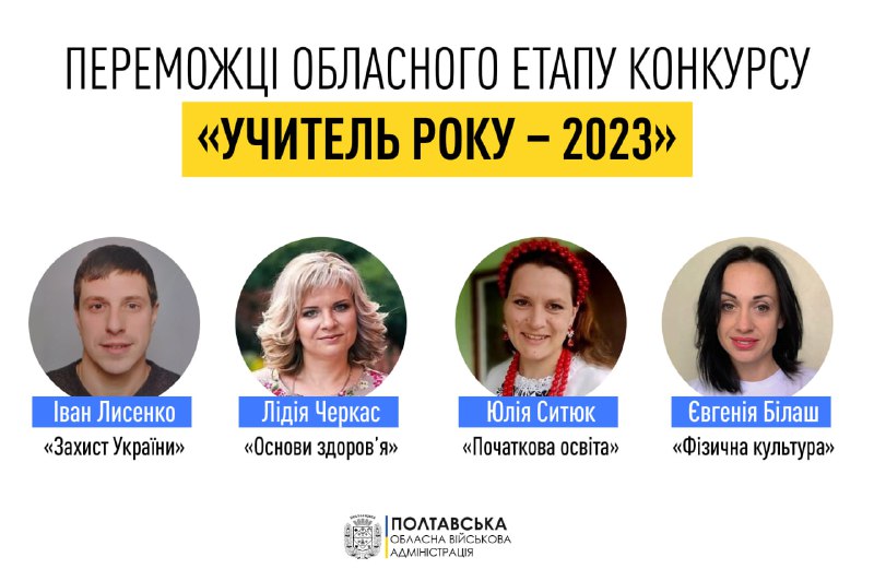 Чотири педагоги з Полтавщини стали переможцями обласного етапу конкурсу «Учитель року – 2023» Чотири педагоги з Полтавщини стали переможцями обласного етапу конкурсу «Учитель року – 2023»