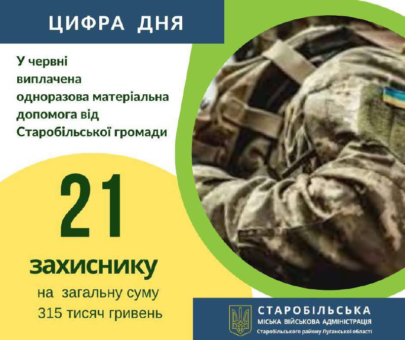 21 оборонцю України зі Старобільської громади надано грошову допомогу
Триває прийом документів для виплати... 21 оборонцю України зі Старобільської громади надано грошову допомогу
Триває прийом документів для виплати...