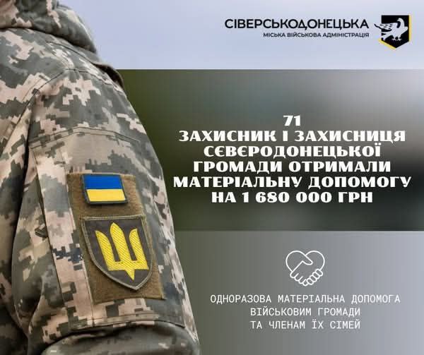 Понад півтора мільйона гривень виплачено Сіверськодонецькою громадою 71 оборонцю Понад півтора мільйона гривень виплачено Сіверськодонецькою громадою 71 оборонцю