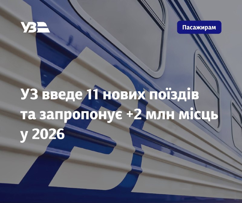 🫂УЗ введе 11 нових поїздів та запропонує +2 млн місць у 2026
У новому графіку на 2025–2026 роки 🫂УЗ введе 11 нових поїздів та запропонує +2 млн місць у 2026
У новому графіку на 2025–2026 роки