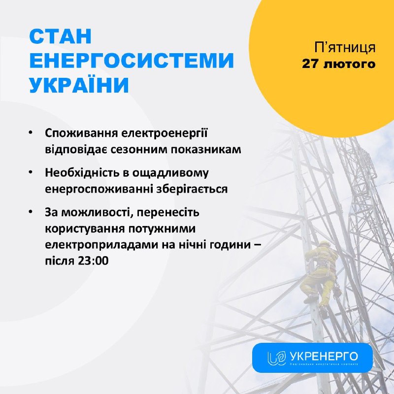 СТАН ЕНЕРГОСИСТЕМИ
🔹Споживання електроенергії відповідає сезонним показникам СТАН ЕНЕРГОСИСТЕМИ
🔹Споживання електроенергії відповідає сезонним показникам