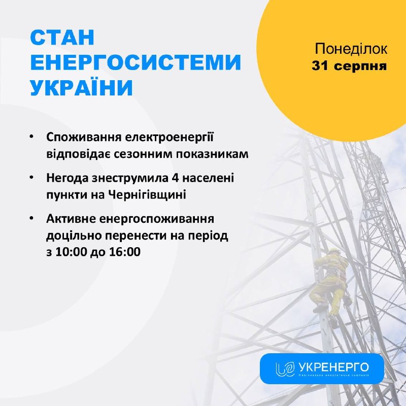СТАН ЕНЕРГОСИСТЕМИ 🔹Споживання електроенергії відповідає сезонним показникам СТАН ЕНЕРГОСИСТЕМИ 🔹Споживання електроенергії відповідає сезонним показникам