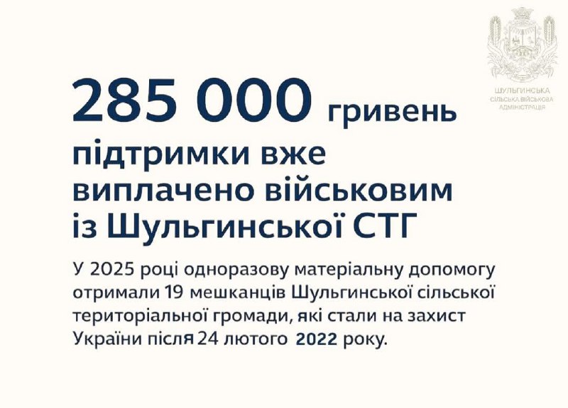 Цьогоріч 19 військовим з Шульгинської громади виплачено грошову допомогу
Їм надано 285 000 гривень Цьогоріч 19 військовим з Шульгинської громади виплачено грошову допомогу
Їм надано 285 000 гривень
