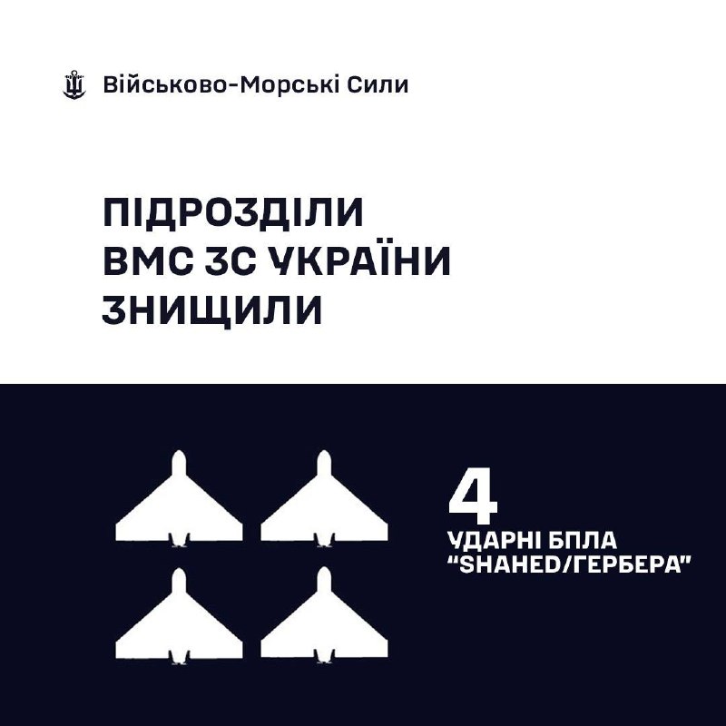 🇺🇦⚓ВМС ЗС України знищили 4 «Шахеди/Гербери»
За минулу добу, станом на 06:00 04.07.2026, силами та засобами Військово-Морських... 🇺🇦⚓ВМС ЗС України знищили 4 «Шахеди/Гербери»
За минулу добу, станом на 06:00 04.07.2026, силами та засобами Військово-Морських...