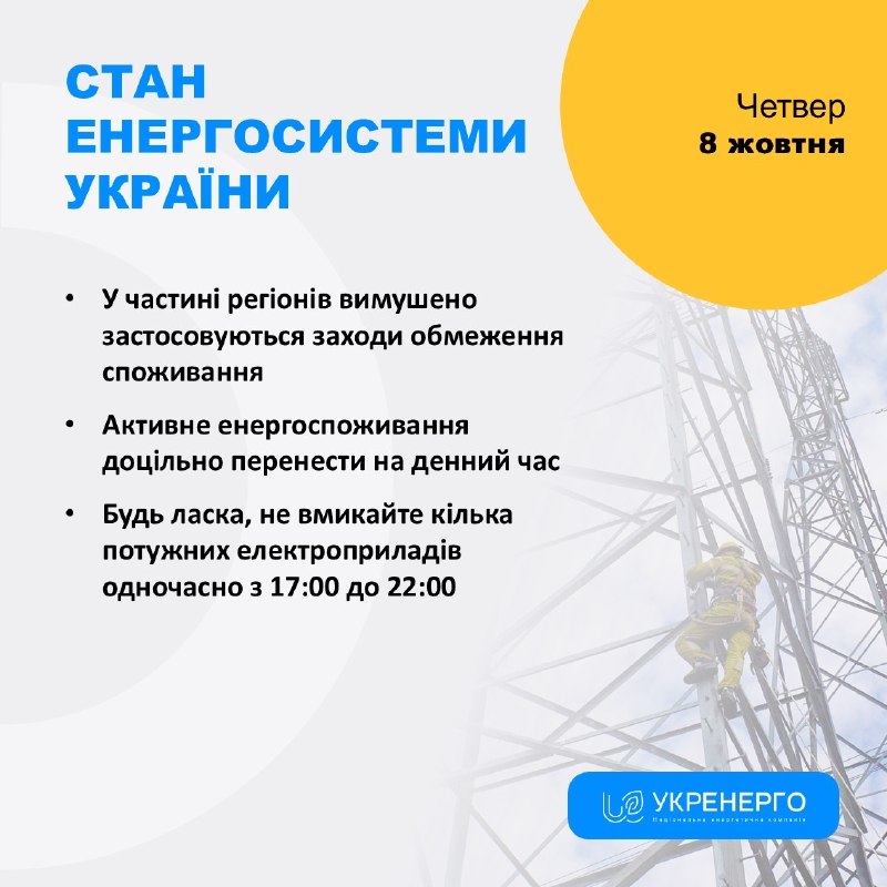 СТАН ЕНЕРГОСИСТЕМИ
🔹У частині регіонів вимушено застосовуються заходи обмеження споживання СТАН ЕНЕРГОСИСТЕМИ
🔹У частині регіонів вимушено застосовуються заходи обмеження споживання