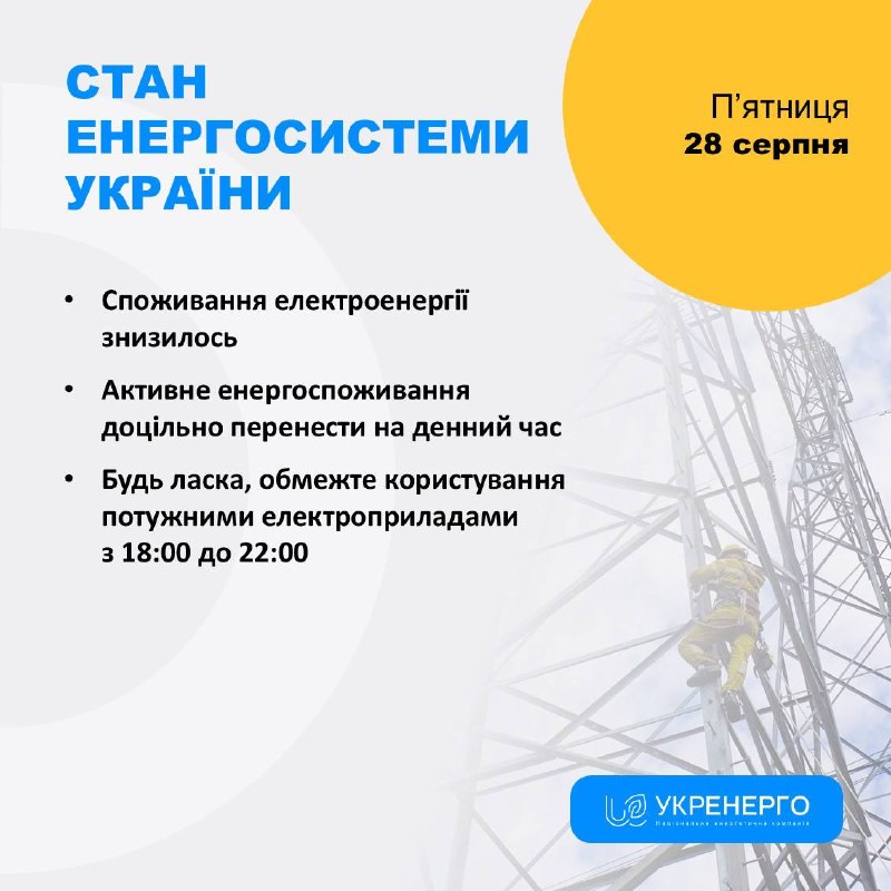 СТАН ЕНЕРГОСИСТЕМИ 🔹Споживання електроенергії знизилось
🔹Активне енергоспоживання доцільно перенести на денний час СТАН ЕНЕРГОСИСТЕМИ 🔹Споживання електроенергії знизилось
🔹Активне енергоспоживання доцільно перенести на денний час