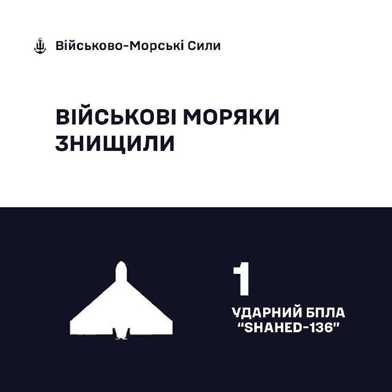 🇺🇦⚓ ВМС ЗС України знищили 1 «Шахед»
Сьогодні, під час повітряних атак російських окупантів 🇺🇦⚓ ВМС ЗС України знищили 1 «Шахед»
Сьогодні, під час повітряних атак російських окупантів