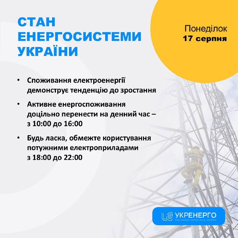 СТАН ЕНЕРГОСИСТЕМИ
🔹Споживання електроенергії демонструє тенденцію до зростання
🔹Активне енергоспоживання доцільно перенести на денний час СТАН ЕНЕРГОСИСТЕМИ
🔹Споживання електроенергії демонструє тенденцію до зростання
🔹Активне енергоспоживання доцільно перенести на денний час