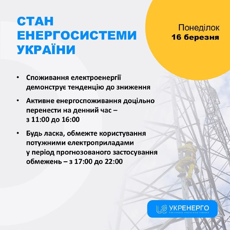 СТАН ЕНЕРГОСИСТЕМИ
🔹Споживання електроенергії демонструє тенденцію до зниження
🔹Активне енергоспоживання доцільно перенести на денний час СТАН ЕНЕРГОСИСТЕМИ
🔹Споживання електроенергії демонструє тенденцію до зниження
🔹Активне енергоспоживання доцільно перенести на денний час