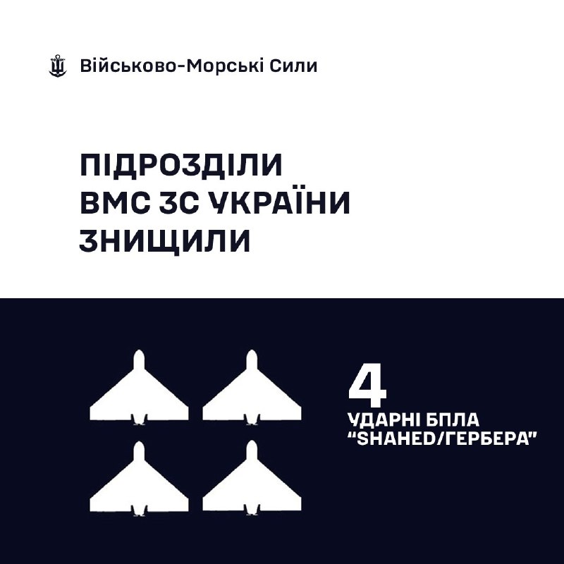 🇺🇦⚓ВМС ЗС України знищили 4 «Шахеди/Гербери»
За минулу добу, станом на 06:00 06.04.2026, силами та засобами Військово-Морських... 🇺🇦⚓ВМС ЗС України знищили 4 «Шахеди/Гербери»
За минулу добу, станом на 06:00 06.04.2026, силами та засобами Військово-Морських...
