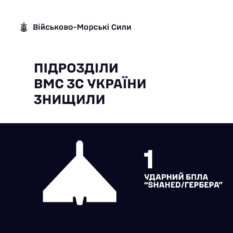 🇺🇦⚓ВМС ЗС України знищили 1 «Шахед/Герберу»
⚠️За минулу добу, станом на 06:00 13.04.2026 🇺🇦⚓ВМС ЗС України знищили 1 «Шахед/Герберу»
⚠️За минулу добу, станом на 06:00 13.04.2026