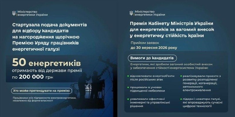 Триває прийом документів для присудження Премії за вагомий внесок у забезпечення енергетичної стійкості України. Триває прийом документів для присудження Премії за вагомий внесок у забезпечення енергетичної стійкості України.