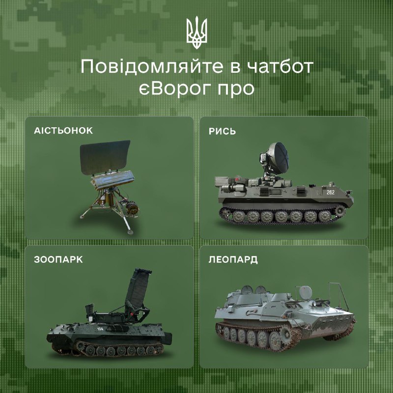 🪖 Допоможіть Силам оборони інформацією. Повідомляйте в чатбот єВорог про російські радіолокаційні системи 🪖 Допоможіть Силам оборони інформацією. Повідомляйте в чатбот єВорог про російські радіолокаційні системи