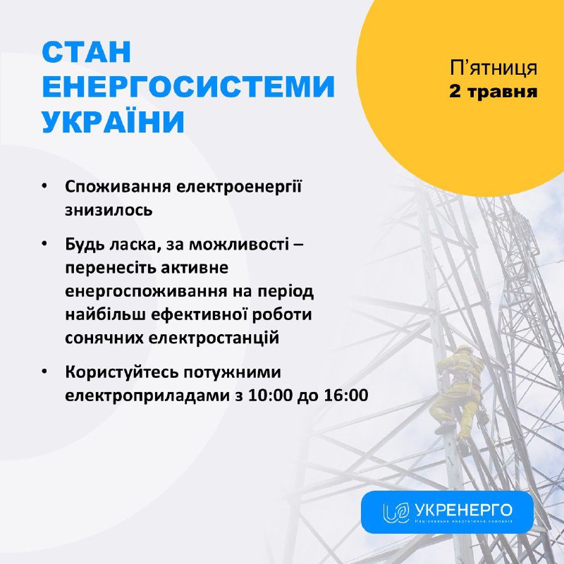 СТАН ЕНЕРГОСИСТЕМИ
🔹 Споживання електроенергії знизилось
🔹 Будь ласка, за можливості — перенесіть активне... СТАН ЕНЕРГОСИСТЕМИ
🔹 Споживання електроенергії знизилось
🔹 Будь ласка, за можливості — перенесіть активне...