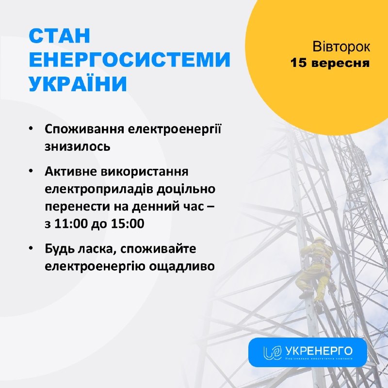 СТАН ЕНЕРГОСИСТЕМИ
🔹Споживання електроенергії знизилось
🔹Активне використання електроприладів доцільно перенести на денний час — СТАН ЕНЕРГОСИСТЕМИ
🔹Споживання електроенергії знизилось
🔹Активне використання електроприладів доцільно перенести на денний час —